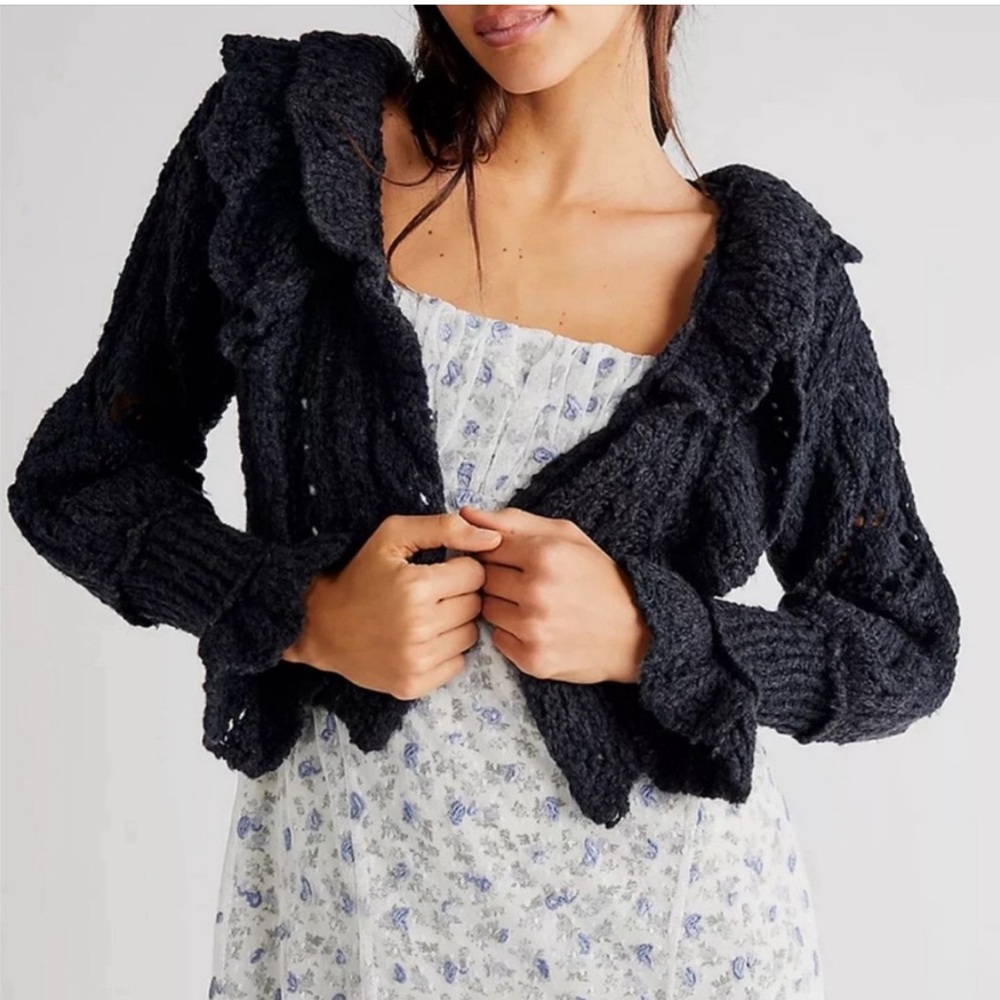 Free People Avery Black Ruffled Cardigan Sweater NWT